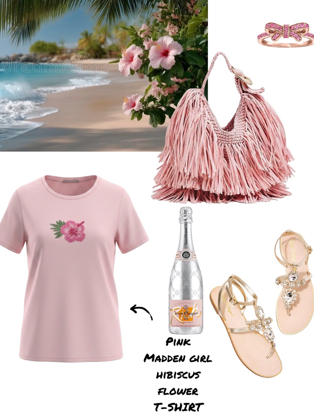 Pink Hibiscus Embroidered & Beaded Tee with Fringe Straw Bag - T-Shirt